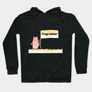 Programmer. Profession, work, job. Cat shows a banner with the inscription. Watercolor illustration. A gift for a professional. Hoodie